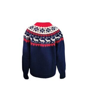 Vintage Lillunn 100% Handknit Fair Isle Reindeer Sweater Red White Blue